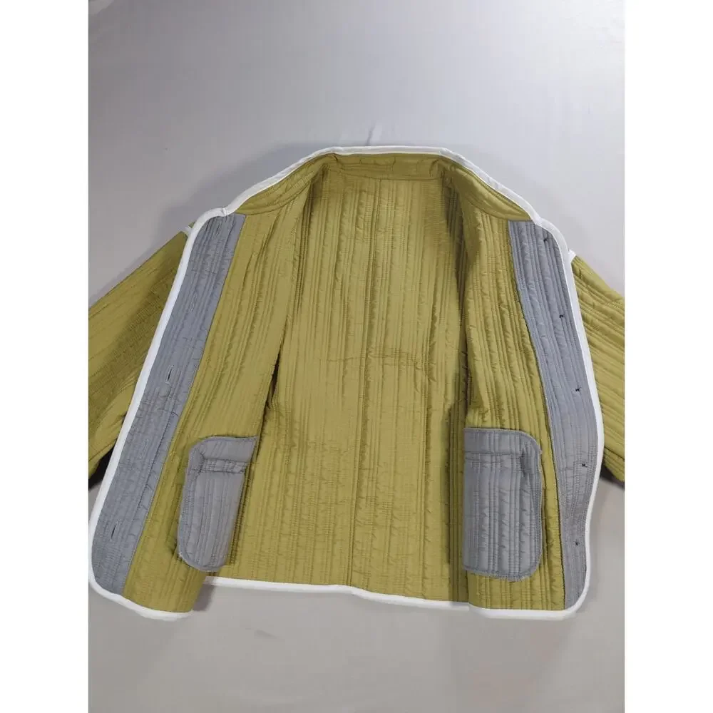Quilted Colorblock Jacket Womens Olive Gray White Trim Boxy Cropped Coat